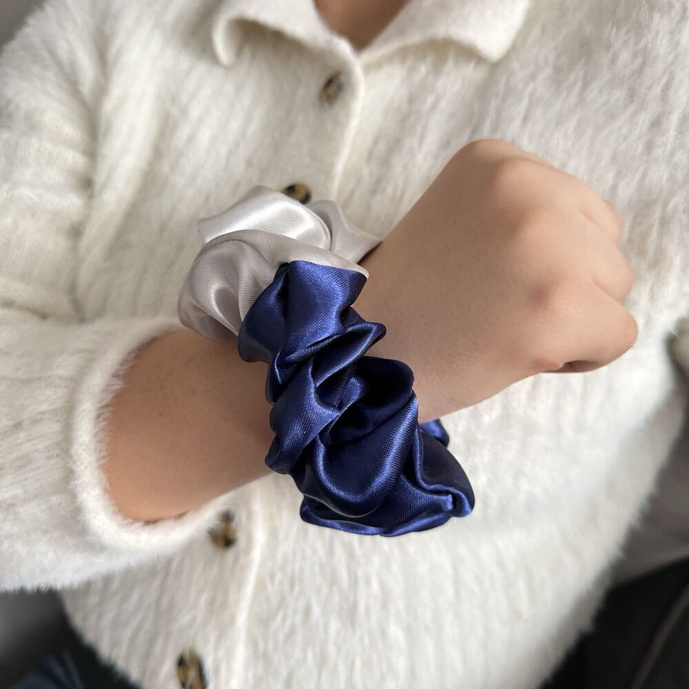 Luxury Blue/ Silver Satin Scrunchie Handmade – Hair Accessory - Picture 12 of 16